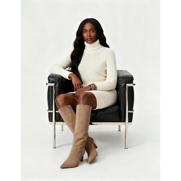 Women's Tan Suede Pointed Toe Kitten Low Heel Faux Leather Fall Long Boots - Picture 6 of 8